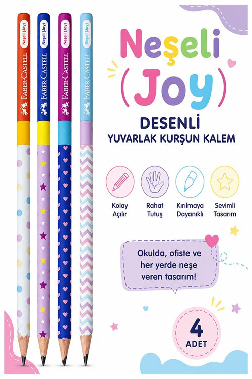 Neşeli Joy Kurşun Kalem 4 Adet Faber Castell Yuvarlak Gövdeli Siyah Kurşun Kalem Yumuşak Yazım Kolay Tutuş Kaliteli