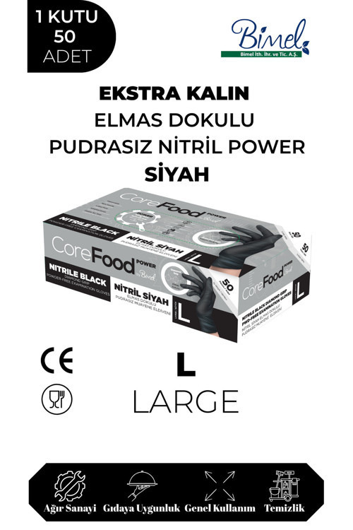Nitril Siyah Power Pudrasız Muayene Eldiveni L - 1 Paket 50'li