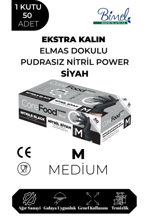 Nitril Siyah Power Pudrasız Muayene Eldiveni M - 1 Paket 50 li