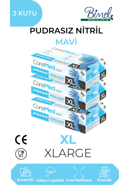 Nitril Mavi Pudrasız Muayene Eldiveni XL - 3 Paket 100 lü