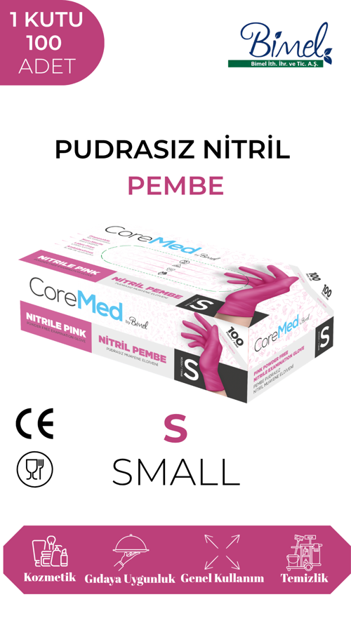 Pembe Nitril Muayene Eldiveni Pudrasız 100 Lü Paket S Beden