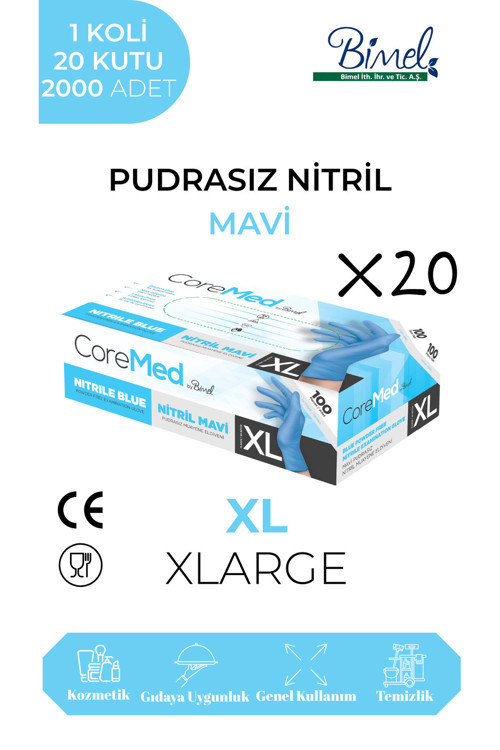 Nitril Mavi Pudrasız Muayene Eldiveni M - 1 Koli 20 Paket 100 lü