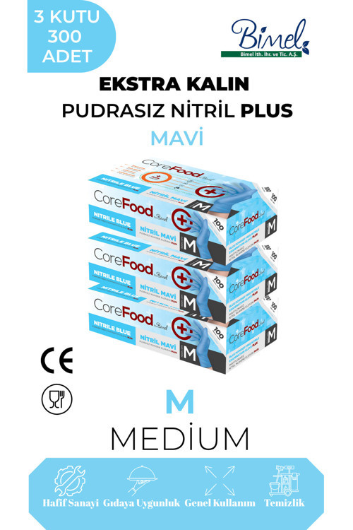 Ekstra Kalın Nitril Mavi Plus Muayene Eldiveni M - 3 Paket 100'lü