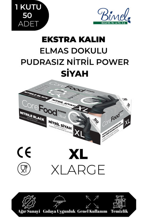 Nitril Siyah Power Muayene Eldiveni XL - 1 Paket 50 li