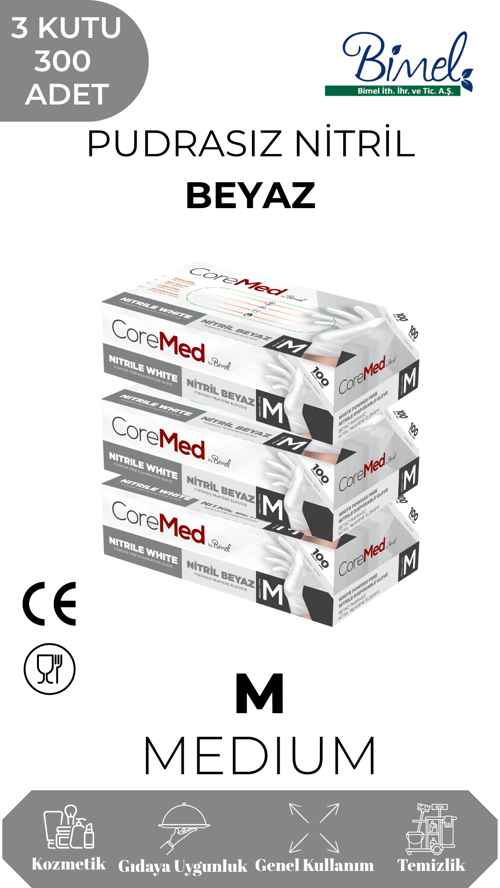 Nitril Beyaz Muayene Eldiveni M - 3 Paket 100 lü