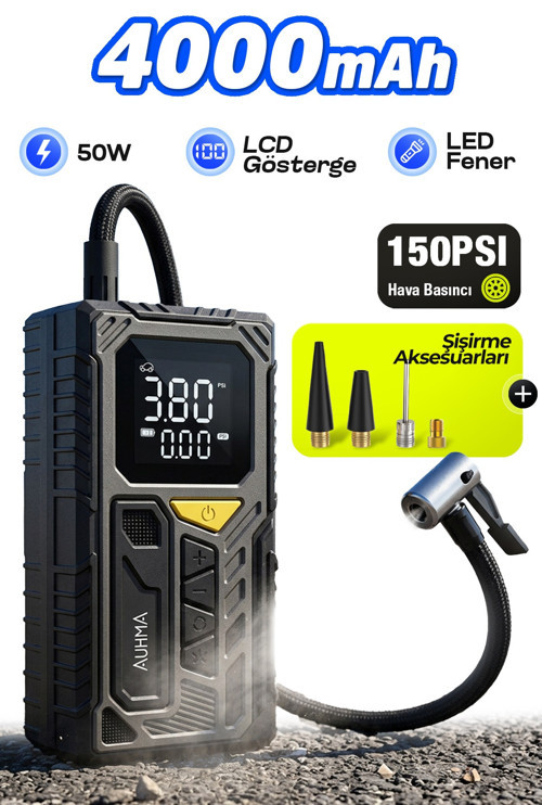 A7777 Taşınabilir Araç Lastik Hava Pompası 4000mAh 150 PSI Dijital Ekranlı Kompresör | Type-C