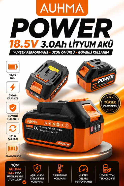 AHV-21 18.5V 3.0Ah Li-Ion Şarjlı Batarya | Type-C Şarj Girişli, LED Göstergeli Yedek Süpürge A