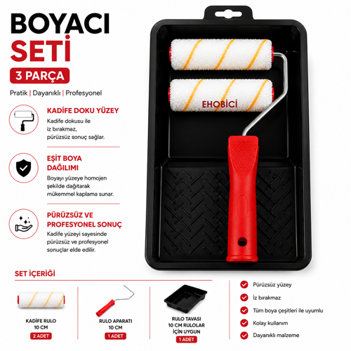3 Parça Boyacı Seti Saten Rulo Parmak Rulo
