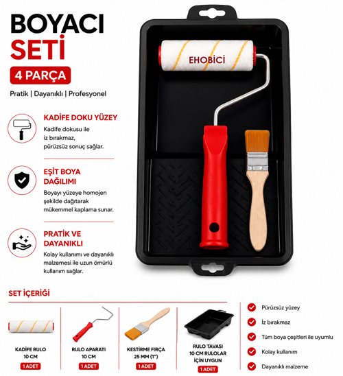 4 Parça Boyacı Seti Saten Rulo Parmak Rulo