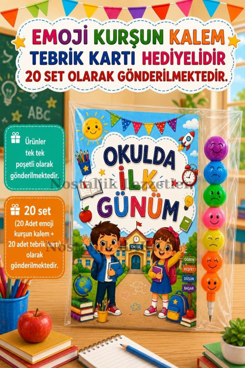 20 Adet Okulda İlk Günüm Yazılı Hediye Seti 1. Sınıf- Sene Başı Emoji Kurşun Kalem Tebrik Kartı Hediyeli
