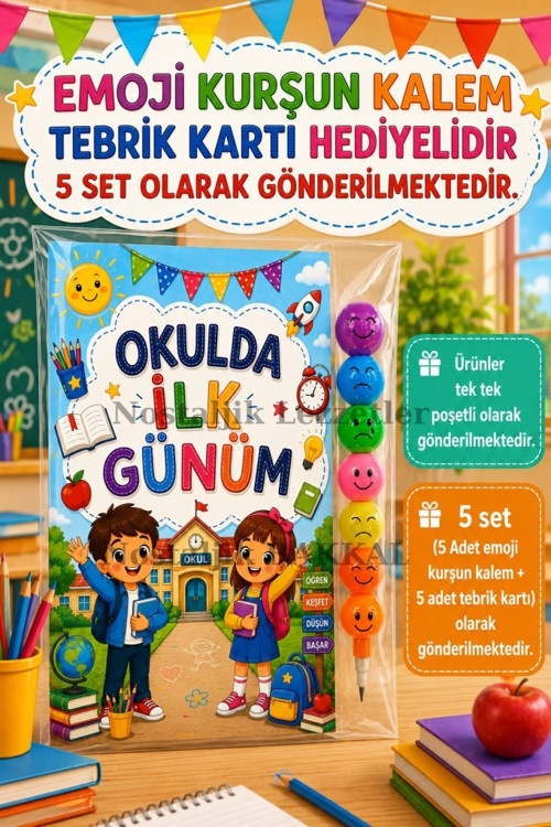 5 Adet Okulda İlk Günüm Yazılı Hediye Seti 1. Sınıf- Sene Başı Emoji Kurşun Kalem Tebrik Kartı Hediyeli
