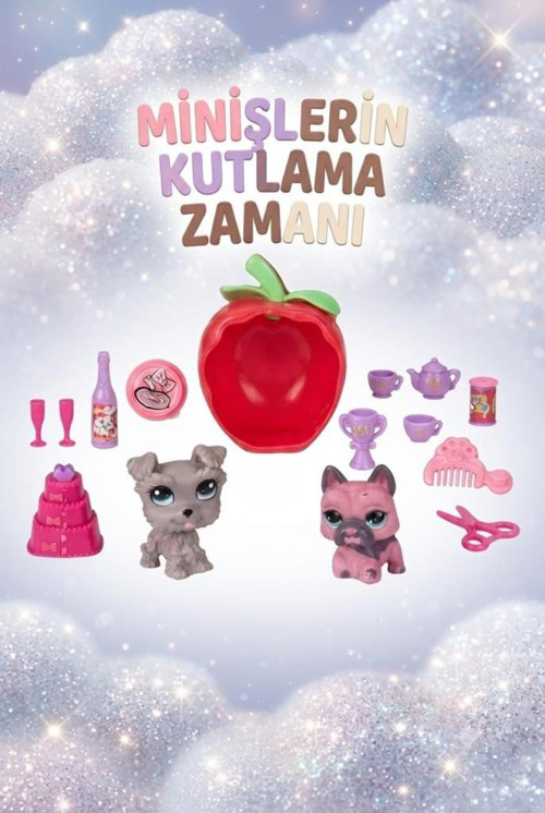 Sevimli Minişlerin Kutlama Zamanı Temalı Kaleme Takılabilen Köpek Figürleri ve Işıklı Kırmızı Elma Evi Eğlenceli Set