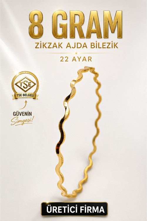 22 Ayar Tse Belgeli (8 Gram) Zikzak Ajda Altın İşçiliksiz Bilezik Gold Nişan Düğün