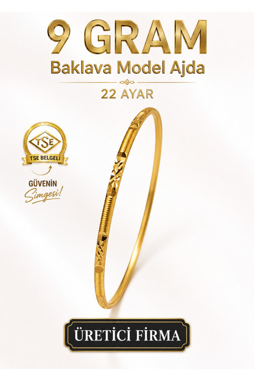22 Ayar Tse Belgeli (9 Gram) Baklava Model Ajda Altın Bilezik İşçiliksiz