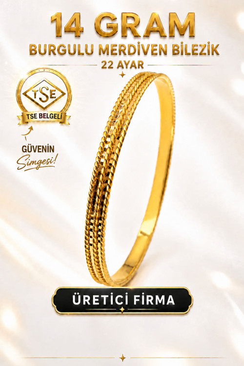22 Ayar Tse Belgeli 14 Gram Burgulu Merdiven Ajda Altın Bilezik Gold Bilezik Düğün Nişan