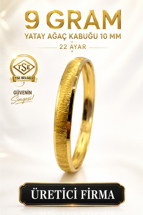 22 Ayar Tse Belgeli (9 Gram) Yatay Yan Ağaç Kabuğu 10 Mm Ajda Altın Bilezik Gold Düğün