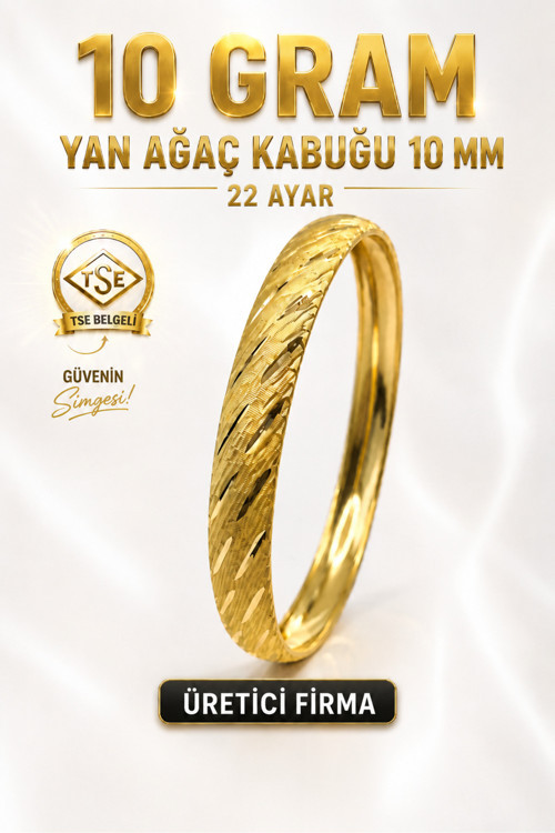 22 Ayar Tse Belgeli (10 Gram) Yan Ağaç Kabuğu Ajda Bilezik 10 Mm Gold Altın Bilezik Düğün Nişan