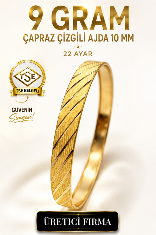 22 Ayar Tse Belgeli (9 Gram) Çapraz Çizgili Ajda 10 Mm Ajda Altın Bilezik İşçiliksiz