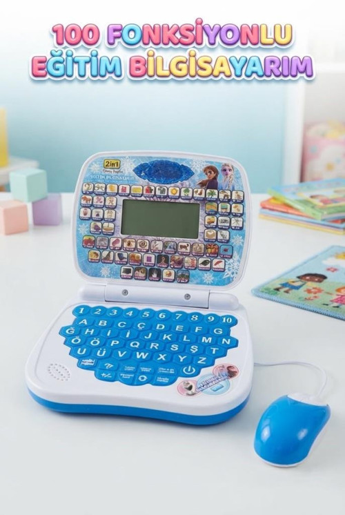 Türkçe İngilizce 100 Fonksiyonlu Eğitici Çocuk Laptopu Mavi Frozen Temalı Akıllı Oyuncak Bilgisayar
