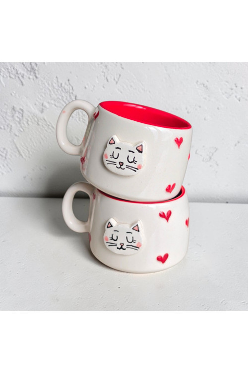 El Yapımı Seramik Özel Seri Kabartmalı Patili, Kemikli, Kedili, Köpekli Kupa-2'li, 200 ml