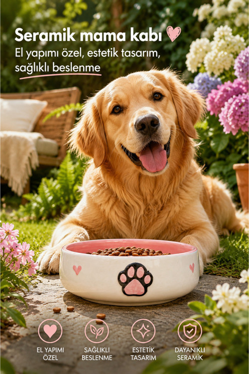 Seramik Pati Desen Mama Kabı Kedi ve Köpekler için Sağlıklı Mama ve Su Kasesi Tek'li 600 ml