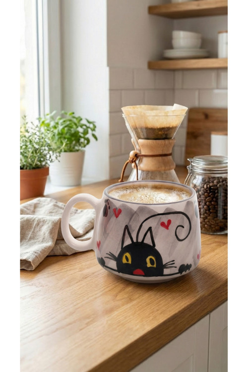 Kedi Desenli El Yapımı Seramik Kupa - Gri Renk, Kedi Serisi