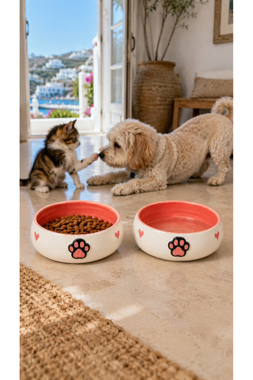 Kedi & Köpek, Evcil Hayvan Mama Ve Su Kabı-2Li Kabartma Desenli Set, 350 Ml