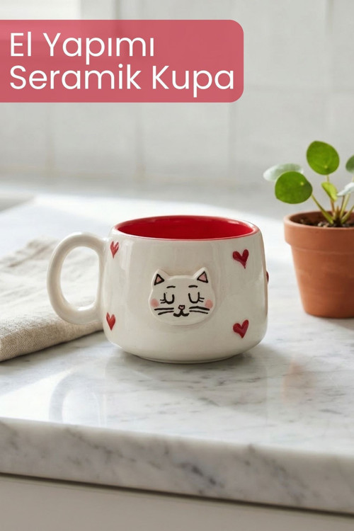 Seramik Kedi Desenli Kupa, El Yapımı Doğal Kupa, 200 ml Çay Kahve Kupası