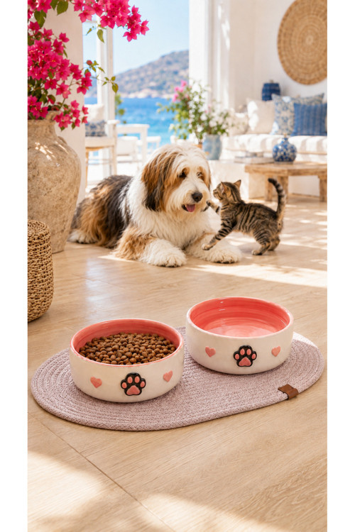 2'li Seramik Kabartma Pati Desenli Mama Kabı – Kedi ve Köpekler için Paspaslı Kaydırmaz Mama ve Su Kasesi - 600 ml