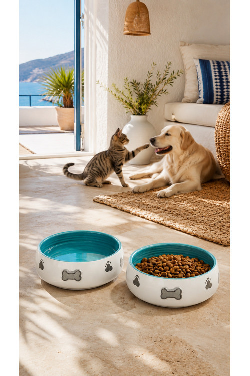 Kedi & Köpek, Evcil Hayvan Mama Ve Su Kabı-2Li Kabartma Desenli Set, 350 Ml