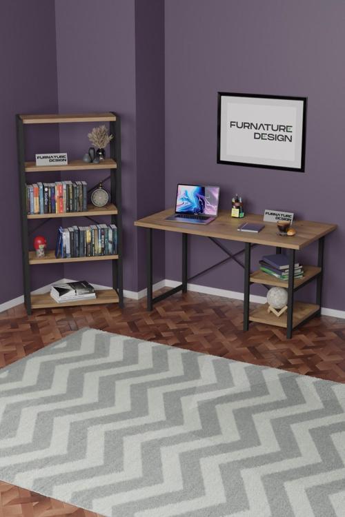 Dekoratif Metal Kitaplık 5 Raflı + 60x120 cm Çalışma Masası Atlantik Çam