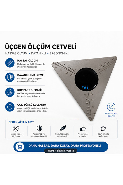 Paslanmaz Çelik Profesyonel Üçgen Ölçü Cetveli – Teknik Çizim, Ahşap İşleme ve Hobi Kullanımı