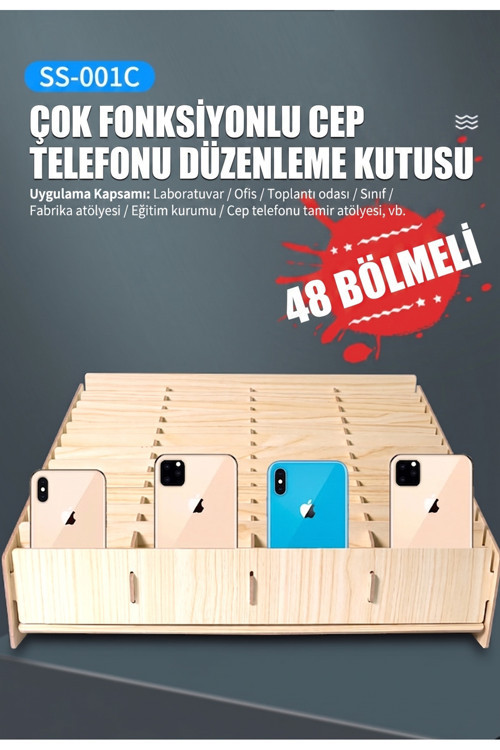 48 Bölmeli Ahşap Cep Telefonu Saklama Kutusu Masaüstü Düzenleyici Organizer - SS-001C