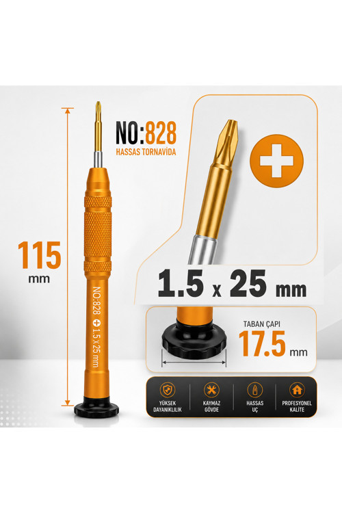Manyetik Tornavida 1.5x25 mm Cep Telefonu ve Elektronik Tamir Aleti - NO.828 Turuncu