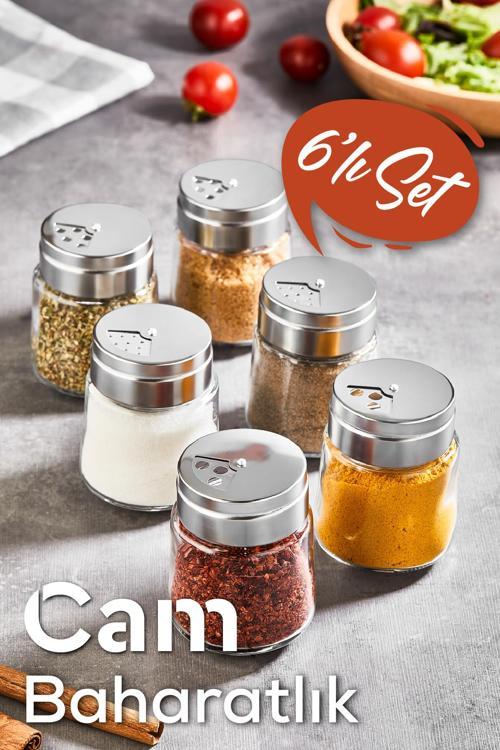 6lı Metal Kapaklı Cam Hazneli Tuzluk Baharatlık