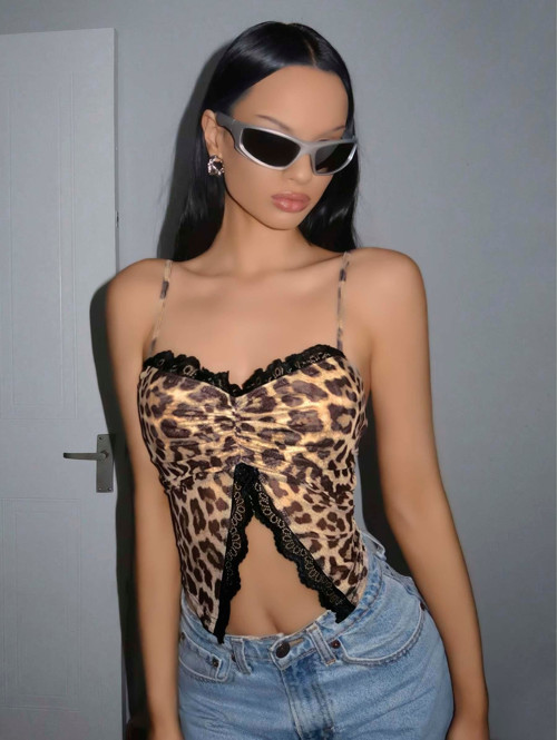 Fantezia Night Kadın Leopar Desenli Crop Önden Dantel detaylı 5095