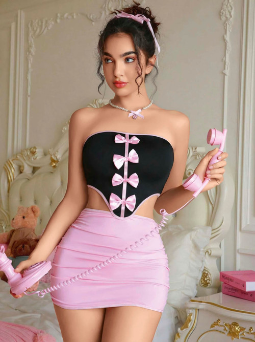 Fantezia Night Kadın Pembe Etekli Fiyonk Detaylı Fantezi Elbise 2154
