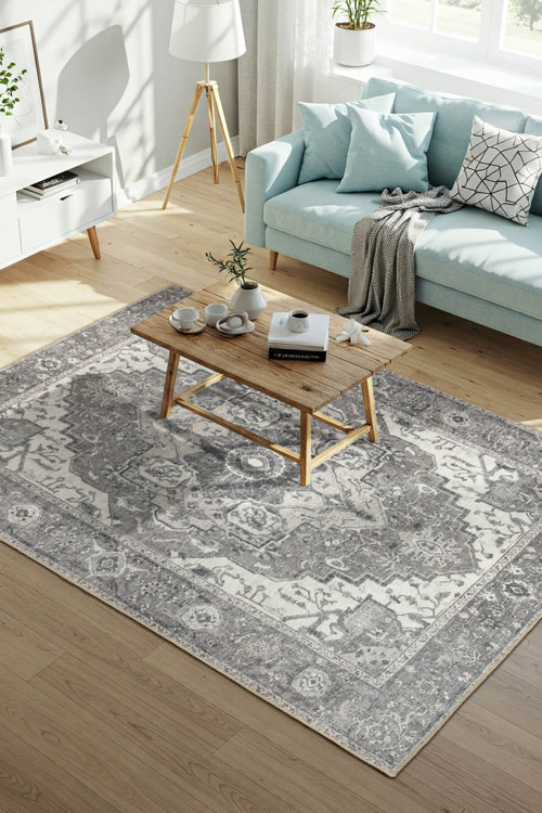 Stonart Eskitme Vintage Desenli Açık Gri Otantik Yıkanabilir Şönil Halı AL 450