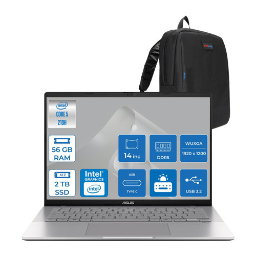 Vivobook S14 Intel Core 5 210H 56GB Ddr5 2tb SSD Intel UHD Graphics 14" Wuxga IPS 60Hz 300NITS Freedos Taşınabilir Bilgisayar LY083F15 + Zettaçanta