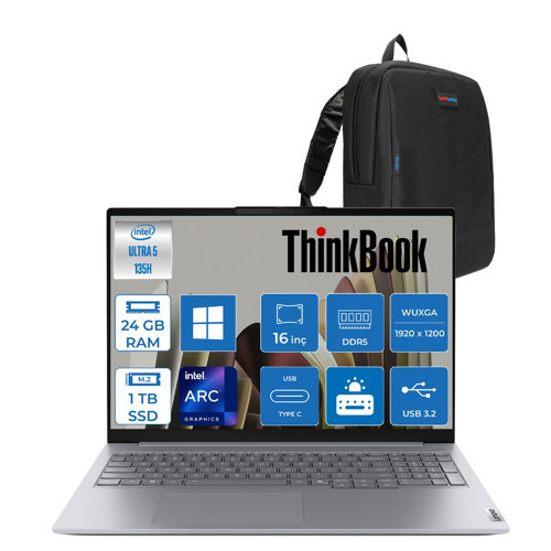 Thinkbook 16 G8 Ial Intel Core Ultra 5 135H Aı 24GB Ddr5 1tb SSD Intel® Arc™ Graphics 16" Wuxga (1920X1200) IPS 300NITS WIN11PRO Bilgisayar 21SK00G8TXP08+ZETTAÇANTA
