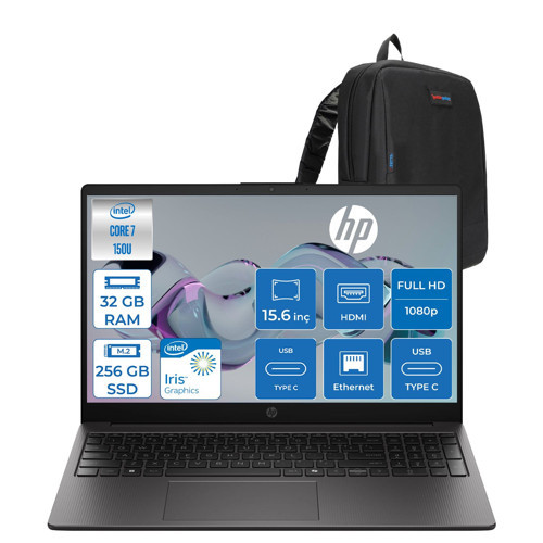 Hp 250R G10 Intel Core 7 150U 32GB 256GB SSD Intel Graphics Freedos 15.6" Fhd IPS 300NIT Kurumsal Taşınabilir Bilgisayar D80HTETF16 + Zetta Çanta