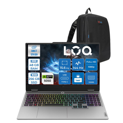 Loq 15IRX10 Intel Core I7-13645HX 48GB Ddr5 256GB SSD 8GB/RTX5050/100W 15.6" Fhd IPS 300NITS 100% Srgb 144Hz Windows 11 Pro Gaming Bilgisayar 83JE01D3TRP21 + Zetta Çanta