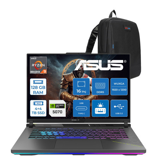 Rog Strix G16 G614PP Amd Ryzen™ 9 8940HX Aı 128GB Ddr5 4tb SSD +4tb SSD 8GB/RTX5070 115W 16-Inch Fhd+ 1920 x 1200, 165Hz 3ms IPS-SRGB:100% Freedos Gaming Laptop WRV219F56+ZETTAÇANTA