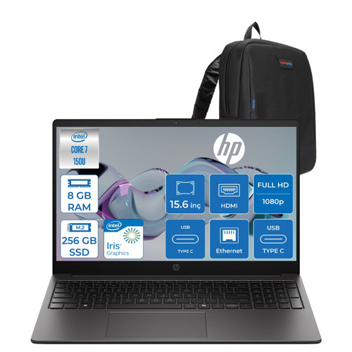 Hp 250R G10 Intel Core 7 150U 8gb 256GB SSD Intel Graphics Freedos 15.6" Fhd IPS 300NIT Kurumsal Taşınabilir Bilgisayar D80HTETF01 + Zetta Çanta