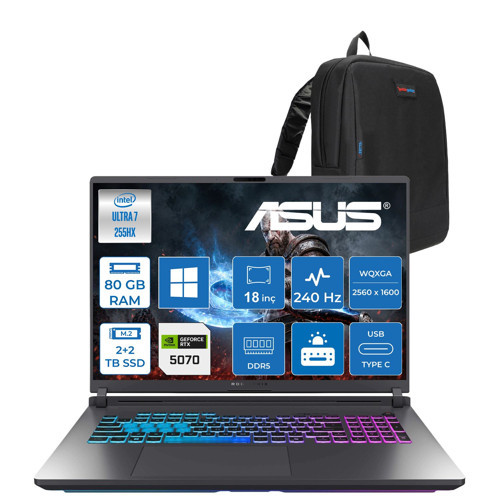Rog Strix G18 G815LP Intel Core Ultra 7 255HX Aı 80GB Ddr5 2tb+2tb SSD 8GB/RTX5070 115W 18-" 2.5k (2560 x 1600, Wqxga) 240Hz 3ms SRGB:100% WINDOWS11PRO Gaming Laptop WS9215P38+ZETTAÇANTA