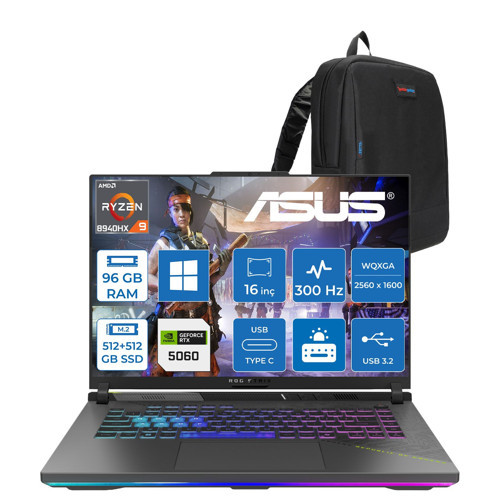 Rog Strix G16 G614PM Amd Ryzen™ 9 8940HX Aı 96GB Ddr5 512GB SSD+512GB SSD 8GB/RTX5060 115W 16"2.5k (2560 x 1600, Wqxga) 300HZ 3ms SRGB:100% WINDOWS11PRO Gaming Laptop WTS198P42+ZETTAÇANTA