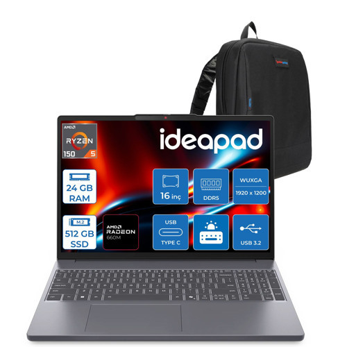 Ideapad Slim 3 Amd Ryzen 5 150 24GB 512GB SSD Windows 11 Pro Radeon 660M 16" Wuxga (1920X1200) IPS 300NITS 60Hz Taşınabilir Bilgisayar 83K80086TRP10 + Zetta Çanta