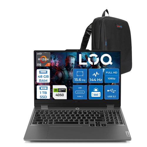 Loq Essential 15ARP10 Amd Ryzen 7 170 Aı 48GB Ddr5 1tb SSD Rtx™ 4050/6GB/65W 15.6" Fhd (1920X1080) IPS 300NITS 100% Srgb, 144Hz Freedos Bilgisayar 83S000DXTRF18+ZETTAÇANTA