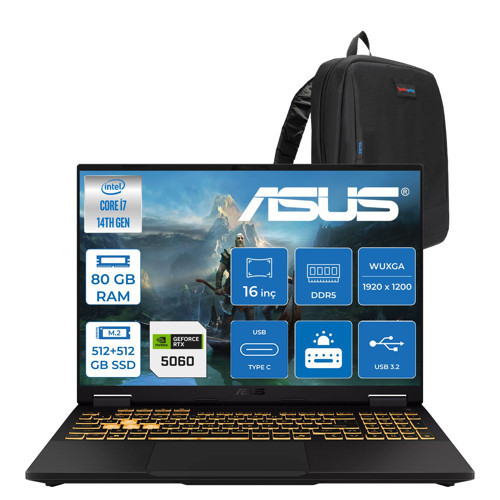 Tuf Gaming F16 FX608JMI Intel® Core™ I7 14650HX 80GB Ddr5 512GB+512GB SSD 8GB/RTX5060 115W 16-Inch Fhd+ 1920 x 1200, 144Hz IPS-SRGB:100% Freedos Gaming Laptop WTU403F34+ZETTAÇANTA