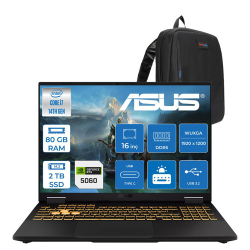 Tuf Gaming F16 FX608JMI Intel® Core™ I7 14650HX 80GB Ddr5 2tb SSD 8GB/RTX5060 115W 16-Inch Fhd+ 1920 x 1200, 144Hz IPS-SRGB:100% Freedos Gaming Laptop WTU403F37+ZETTAÇANTA